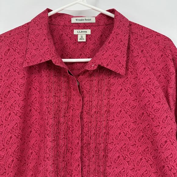 LL Bean Shirt Womens XL Red Paisley Wrinkle Resist Button Front 100% Cotton - Picture 2 of 11